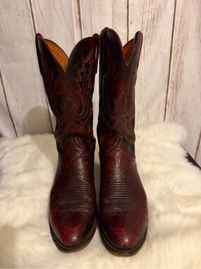 Lucchese Josephine Black Cherry Ostrich Leather Western Cowboy Boots